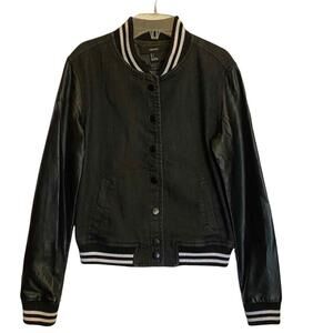 Forever 21 Denim Bomber Jacket Faux Leather Sleeves Ribbed Cuffs Dark Wash